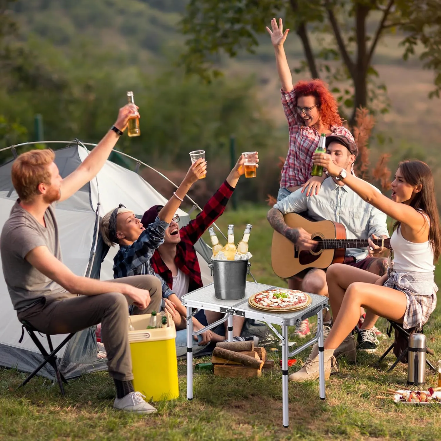 Folding Camp Table Small, 24''L x16''W with Adjustable Height Legs, Indoor Outdoor Lightweight Portable Aluminum Dining Table for Picnic Camping 2-Feet（2 Heights 10"/19"）