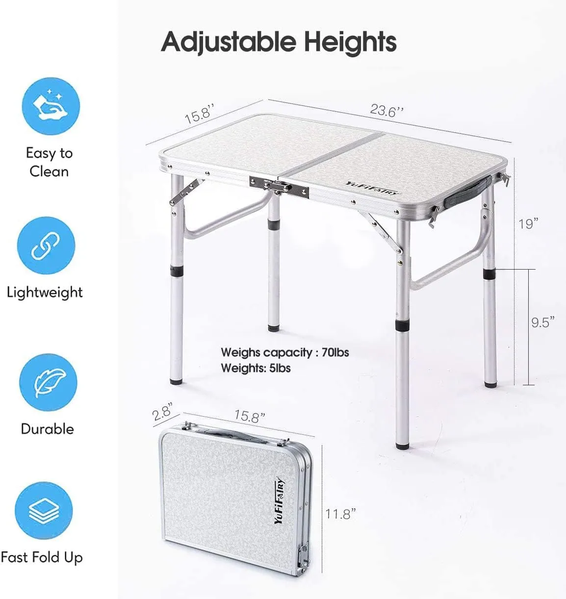 Folding Camp Table Small, 24''L x16''W with Adjustable Height Legs, Indoor Outdoor Lightweight Portable Aluminum Dining Table for Picnic Camping 2-Feet（2 Heights 10"/19"）