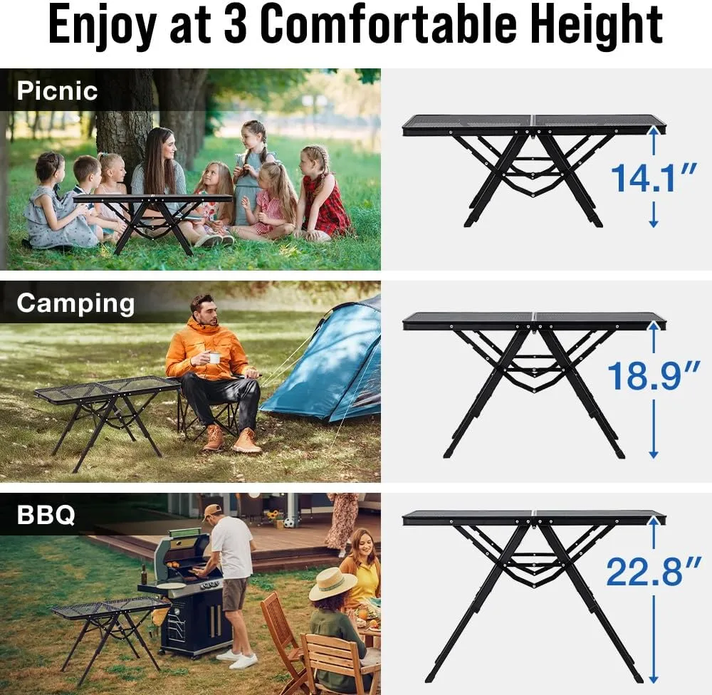 Folding Camping Grill Table 3ft x 1.3ft, Heat Resistant Tabletop Heavy Duty 111lbs, Portable Adjustable Picnic BBQ Outdoor Easy to Use Black (Black, 3ft x 1.3ft - 111lbs)