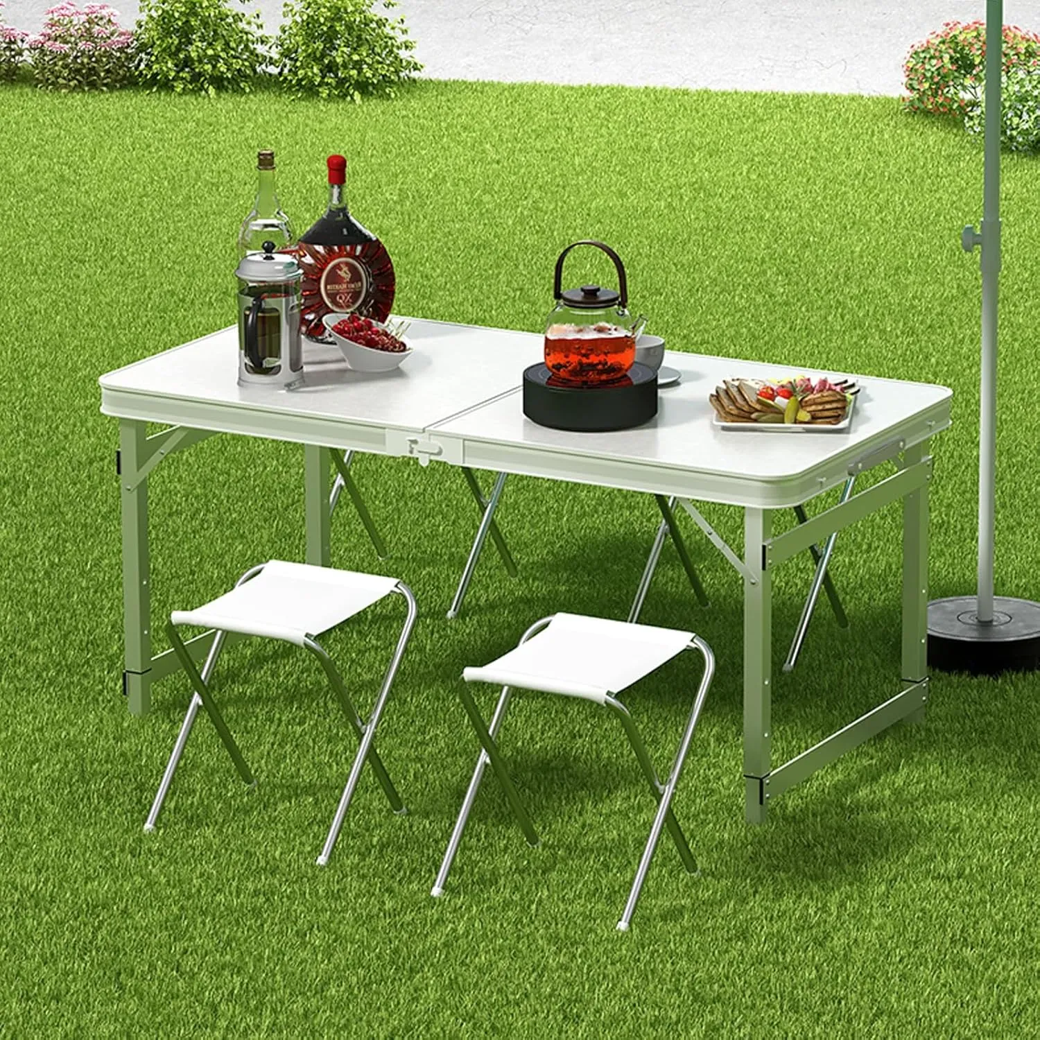 Folding Camping Table and Chairs, Aluminum Folding Table, Adjustable Height, Folding Table and Chairs for Camping, Picnic, BBQ, Beach (Color : E)