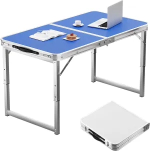 Folding Camping Table and Chairs, Camp Table Adjustable 3 Heights with Aluminum Legs, Camping Accessories for Home Picnic BBQ (Color : Blue, Size : 80cm/31.4in)