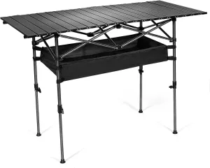 Folding Camping Table, Portable Iron Roll-up Picnic Backpacking Table with Adjustable Height, Large Storage and Carrying Bag for Picnic, Camping, BBQ, Party, Backyard, Beach