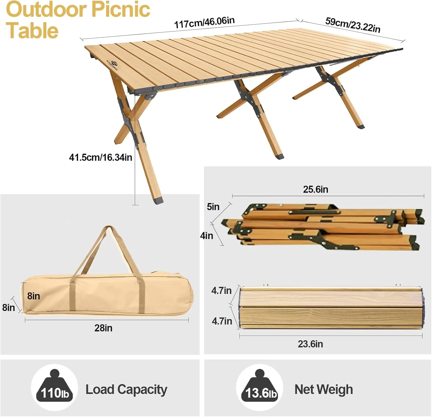 Folding Camping Table, Roll-Up Folding Table with Carry Bag, Portable Aluminum Picnic Table, Low Height Beach Table for Outdoor Use, Travel, BBQ & Hiking, Easy Assembly (Black)