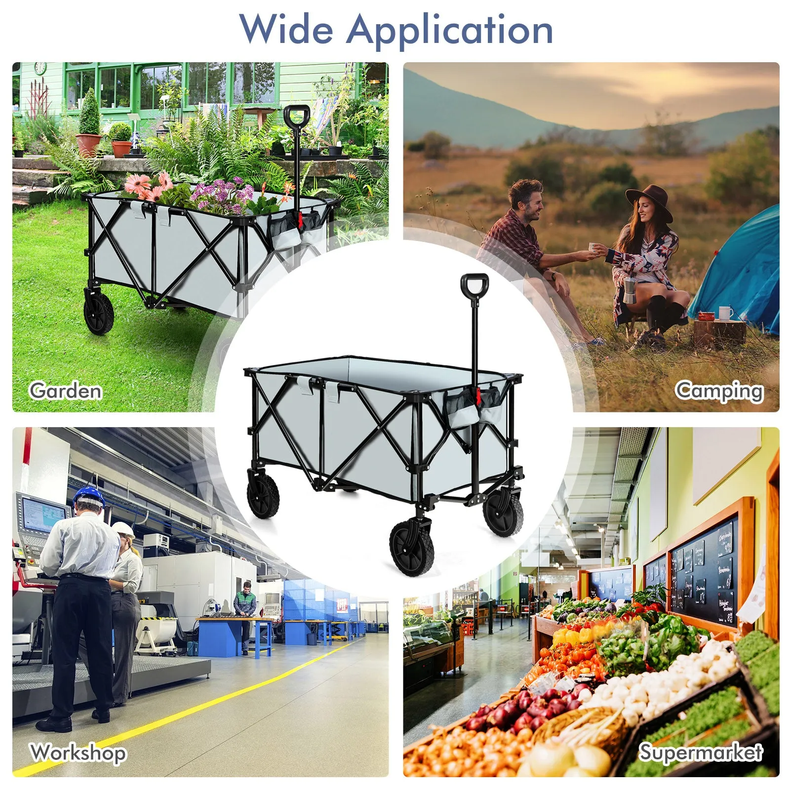 Folding Camping Wagon with Cup Holders and Adjustable Handle