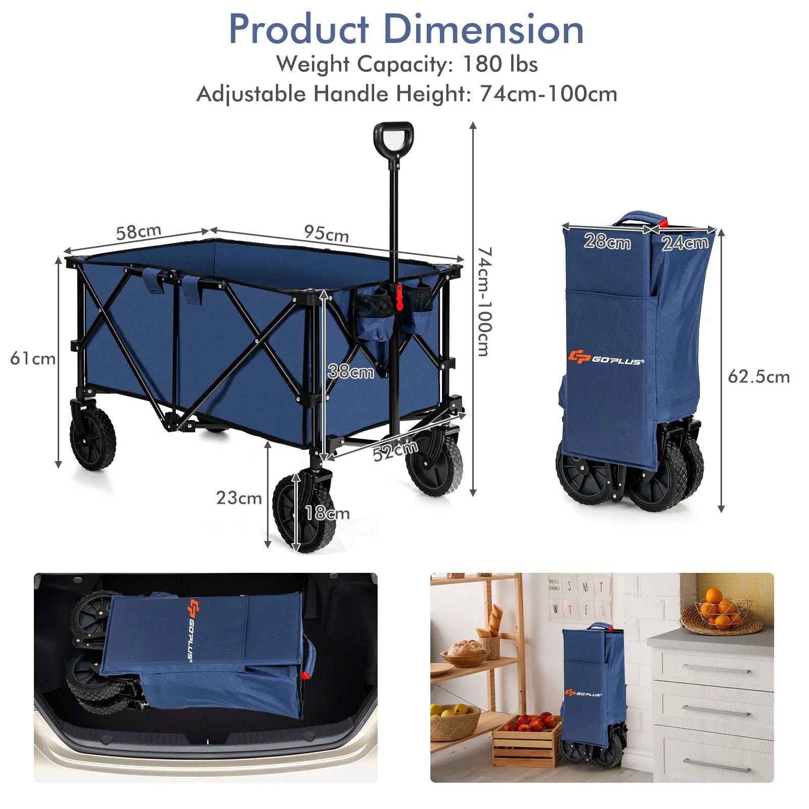 Folding Camping Wagon with Cup Holders and Adjustable Handle
