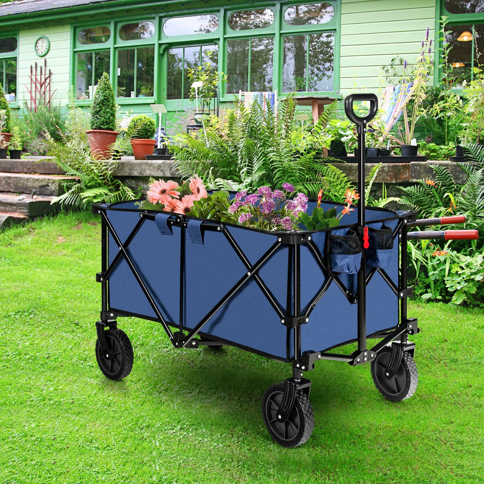 Folding Camping Wagon with Cup Holders and Adjustable Handle