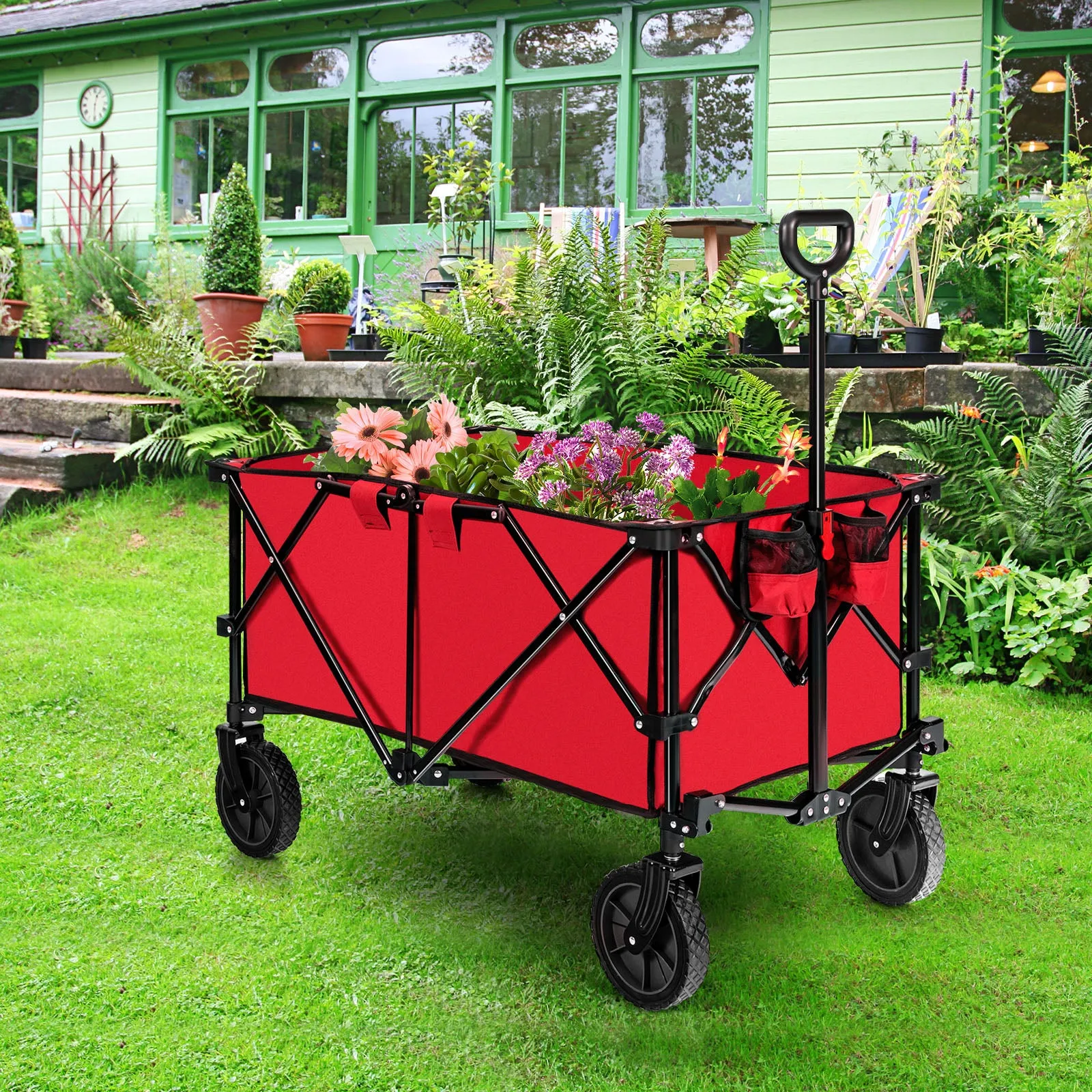 Folding Camping Wagon with Cup Holders and Adjustable Handle