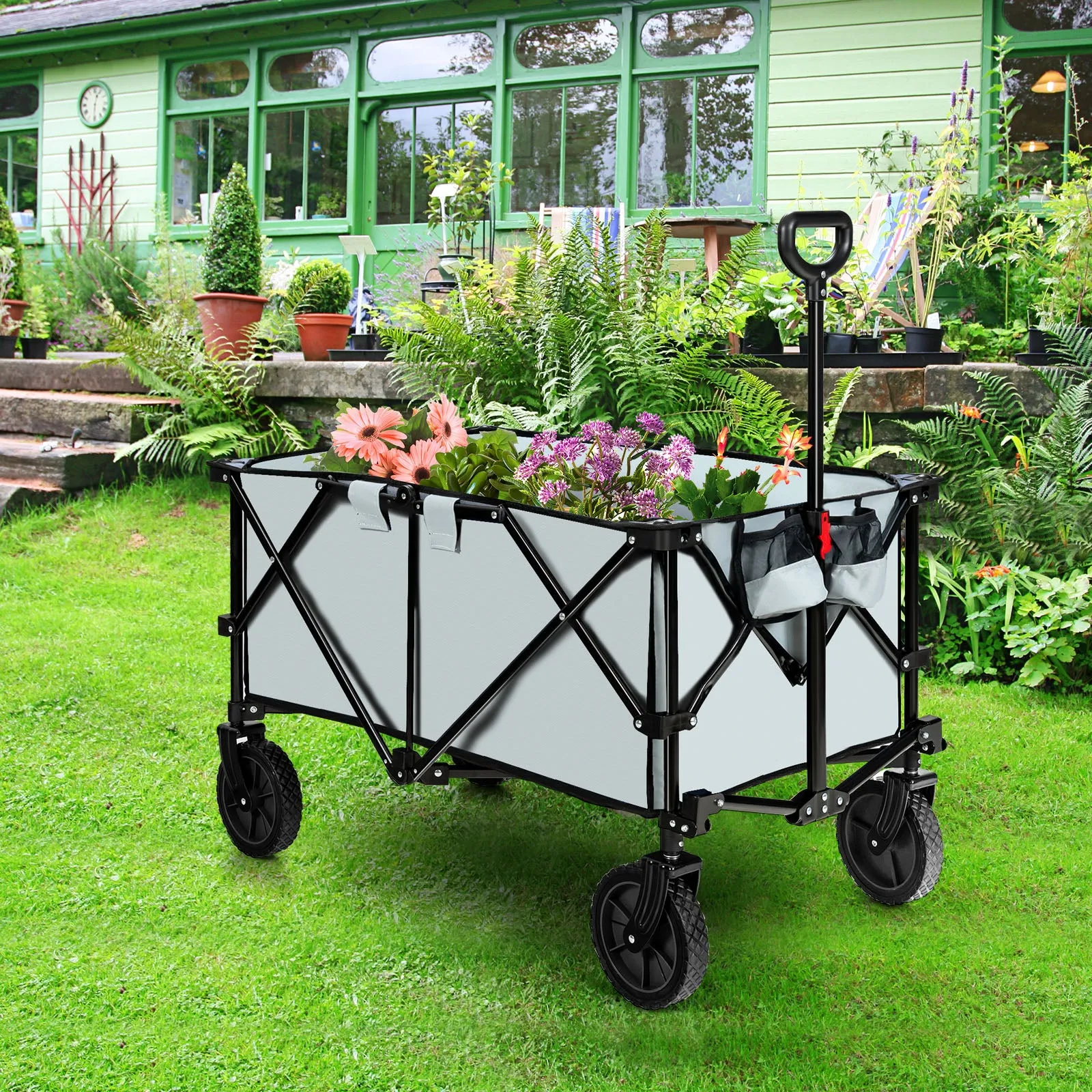 Folding Camping Wagon with Cup Holders and Adjustable Handle