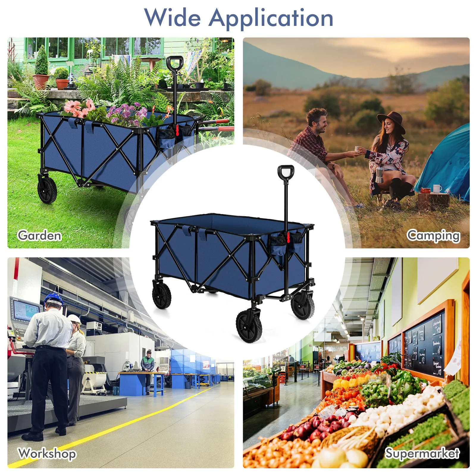 Folding Camping Wagon with Cup Holders and Adjustable Handle