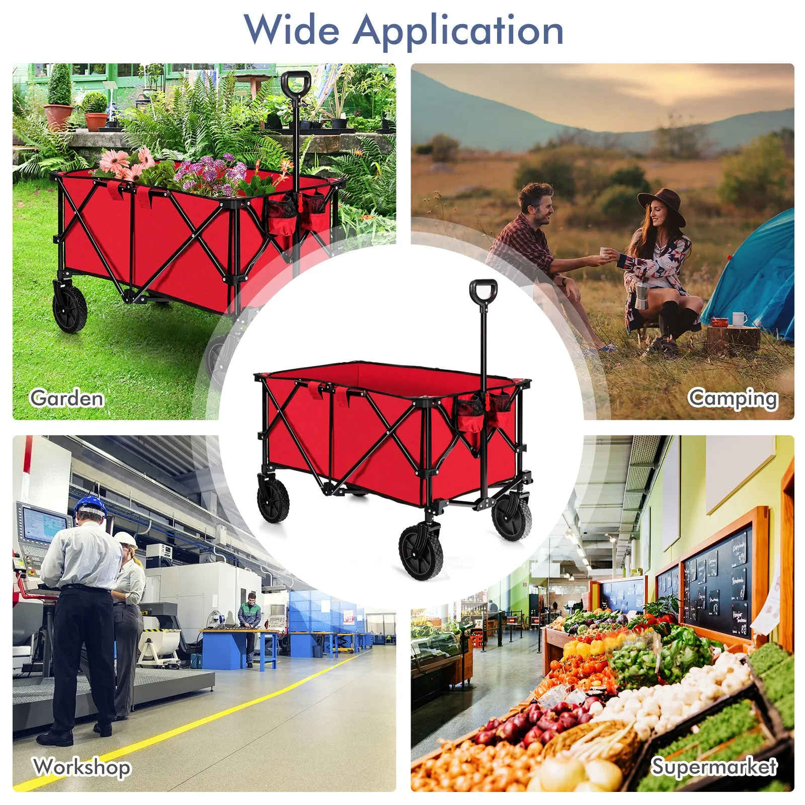 Folding Camping Wagon with Cup Holders and Adjustable Handle