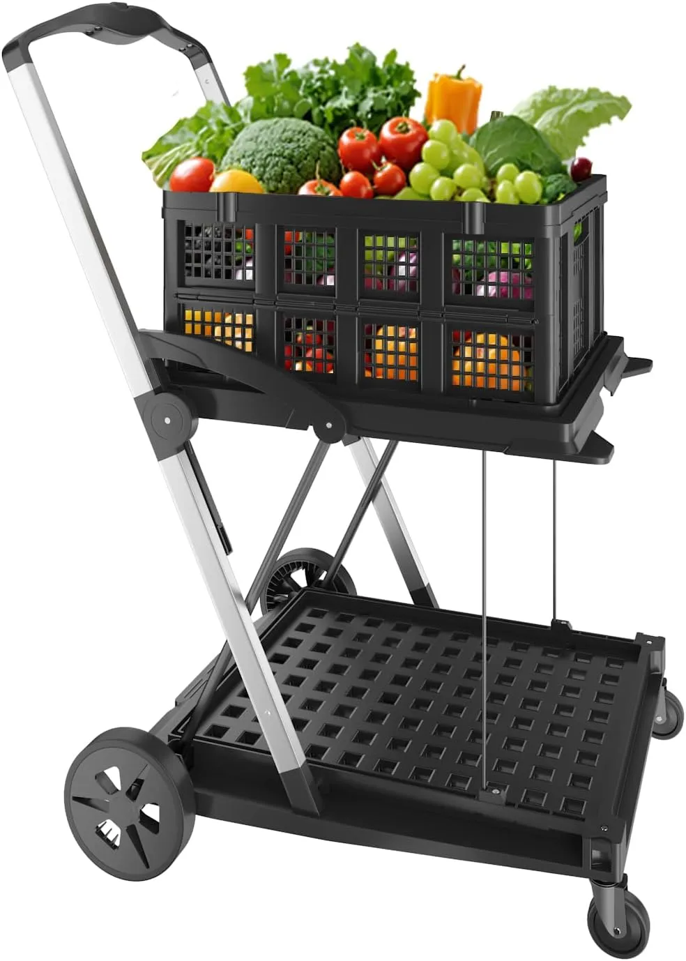 Folding Cart | Multi Use Functional Collapsible carts | Shopping Trolley with Wheels | Shopping Cart with Storage Crate | Utility Cart for Groceries, Warehouse,Supermarket. (Black)