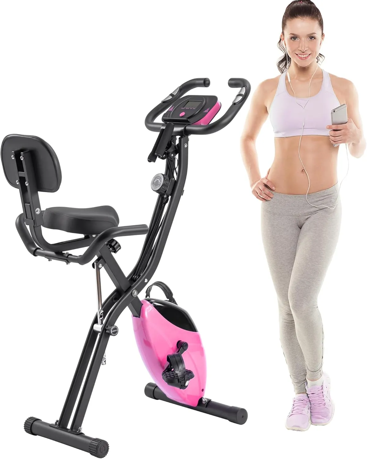 Folding Exercise Bike with 16-Level Adjustable Resistance, Ergonomic Padded Seat and Arm Bands, Multi-Position Use, Pink