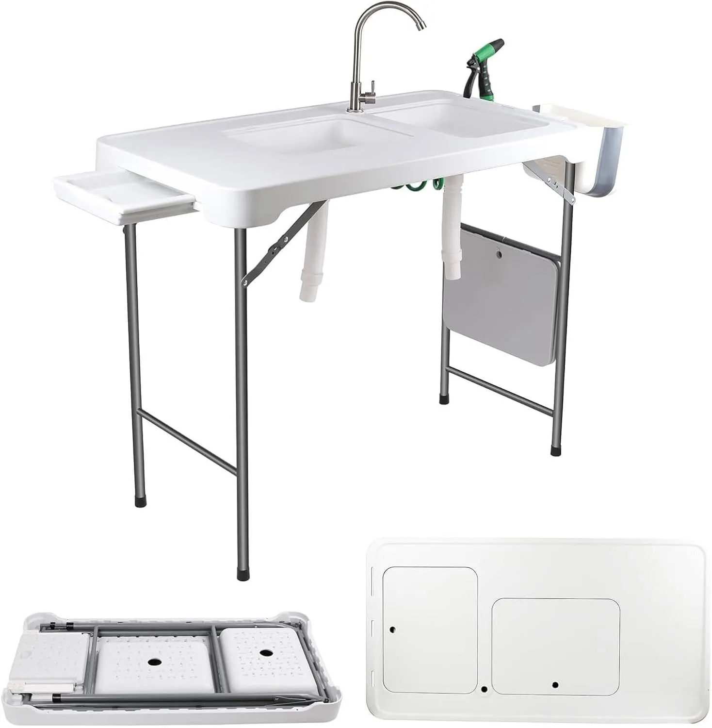 Folding Fishing Cleaning Table, 4ft Portable Foldable Camping Outdoor Table, Fish Cleaning Sink Table with Faucet for Picnic Camping Kitchen Gardening, Style B