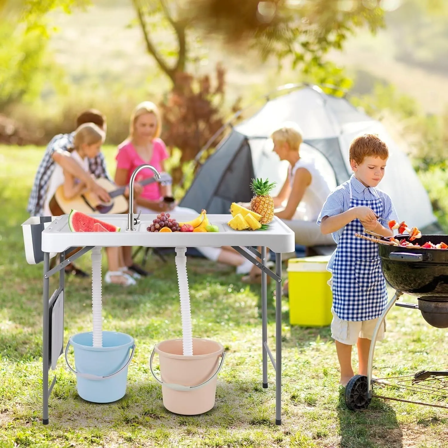 Folding Fishing Cleaning Table, 4ft Portable Foldable Camping Outdoor Table, Fish Cleaning Sink Table with Faucet for Picnic Camping Kitchen Gardening, Style B