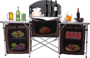 Folding Grill Table, Camping Kitchen Station Storage Cupboard, Portable Camping Unit with Aluminium Frame Outdoor Picnic BBQ, Detachable Windscreen with 26'' Tabletop, 2 Side Tables (Brown)