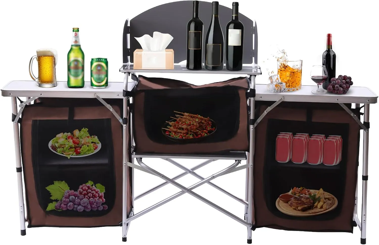 Folding Grill Table, Camping Kitchen Station Storage Cupboard, Portable Camping Unit with Aluminium Frame Outdoor Picnic BBQ, Detachable Windscreen with 26'' Tabletop, 2 Side Tables (Brown)