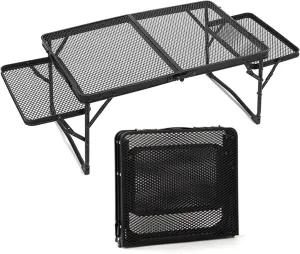 Folding Grill Table with 2 Wing Panels, Portable Metal Foldable Camping Table, Adjustable Height Lightweight Outdoor Table for Camping, Picnic, BBQ, Beach, Black, 981256
