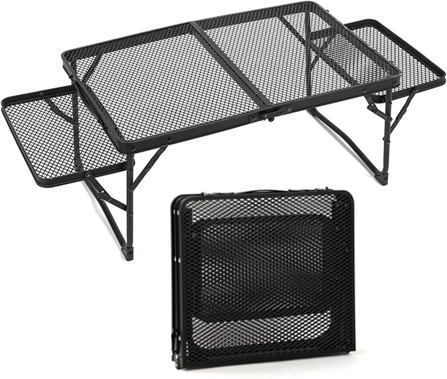 Folding Grill Table with 2 Wing Panels, Portable Metal Foldable Camping Table, Adjustable Height Lightweight Outdoor Table for Camping, Picnic, BBQ, Beach, Black, 981256