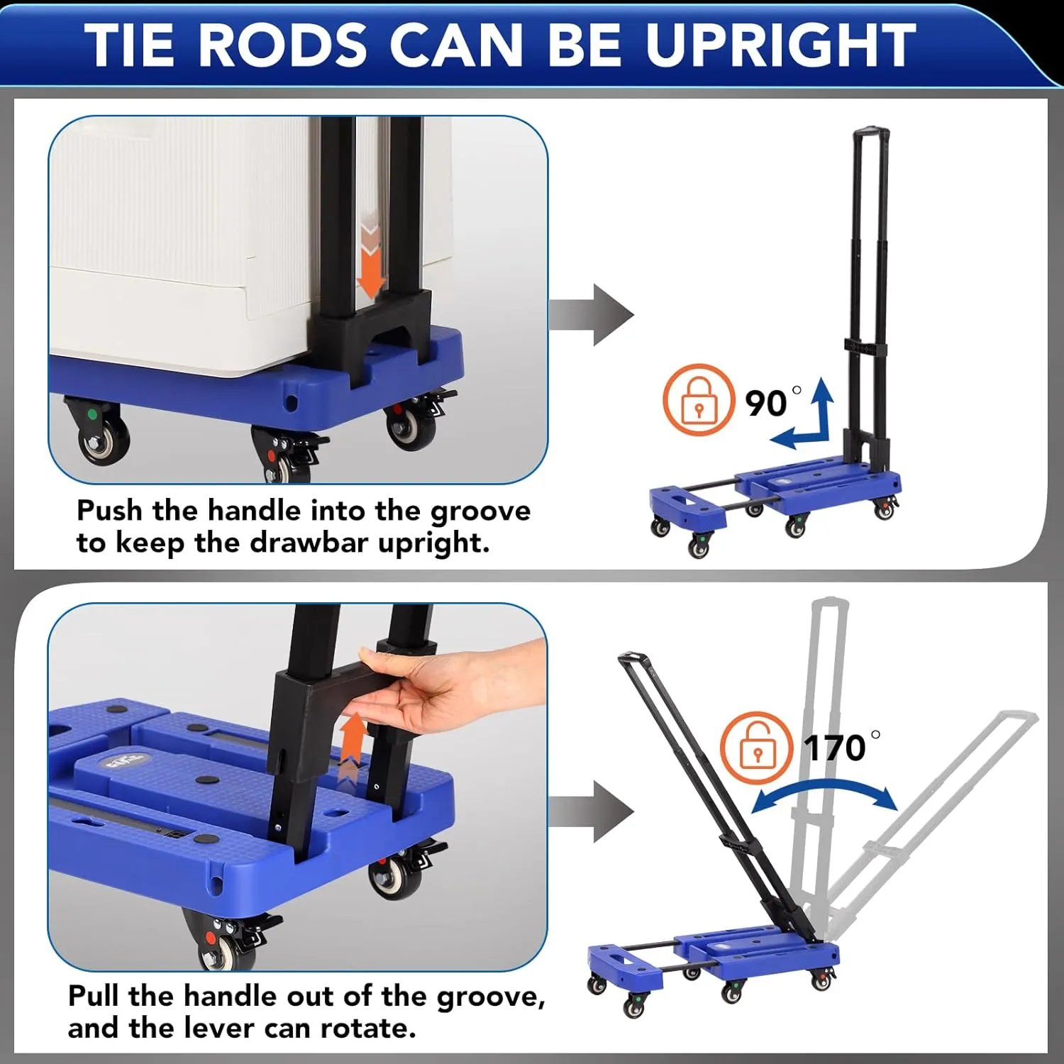 Folding Hand Truck Dolly for Moving,500LB Heavy DutyPortable Luggage Cart6 Wheels with 2 Brake,Extendable Utility Dolly Platform Cart with 3 Bungee Cords (Blue)