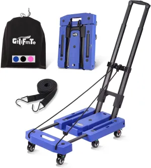 Folding Hand Truck Dolly for Moving,500LB Heavy DutyPortable Luggage Cart6 Wheels with 2 Brake,Extendable Utility Dolly Platform Cart with 3 Bungee Cords (Blue)