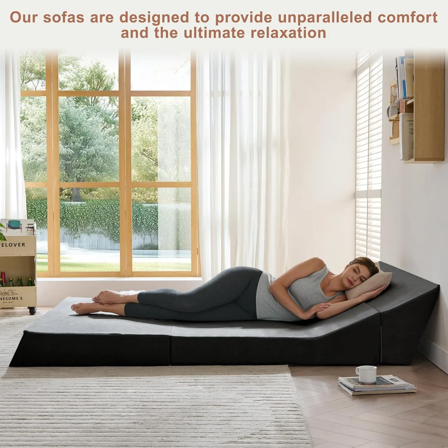 Folding Sofa Bed, Sleeper Chair and Futon Couch, Convertible Bed, Floor Sofa for Living Room/Guest Room/Dorm/Home Office, Queen Size, Dark Gray