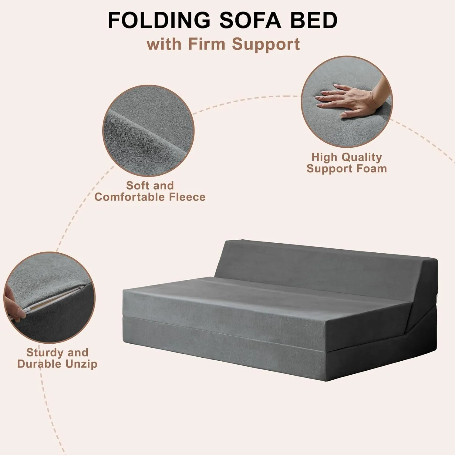 Folding Sofa Bed, Sleeper Chair and Futon Couch, Convertible Bed, Floor Sofa for Living Room/Guest Room/Dorm/Home Office, Queen Size, Dark Gray