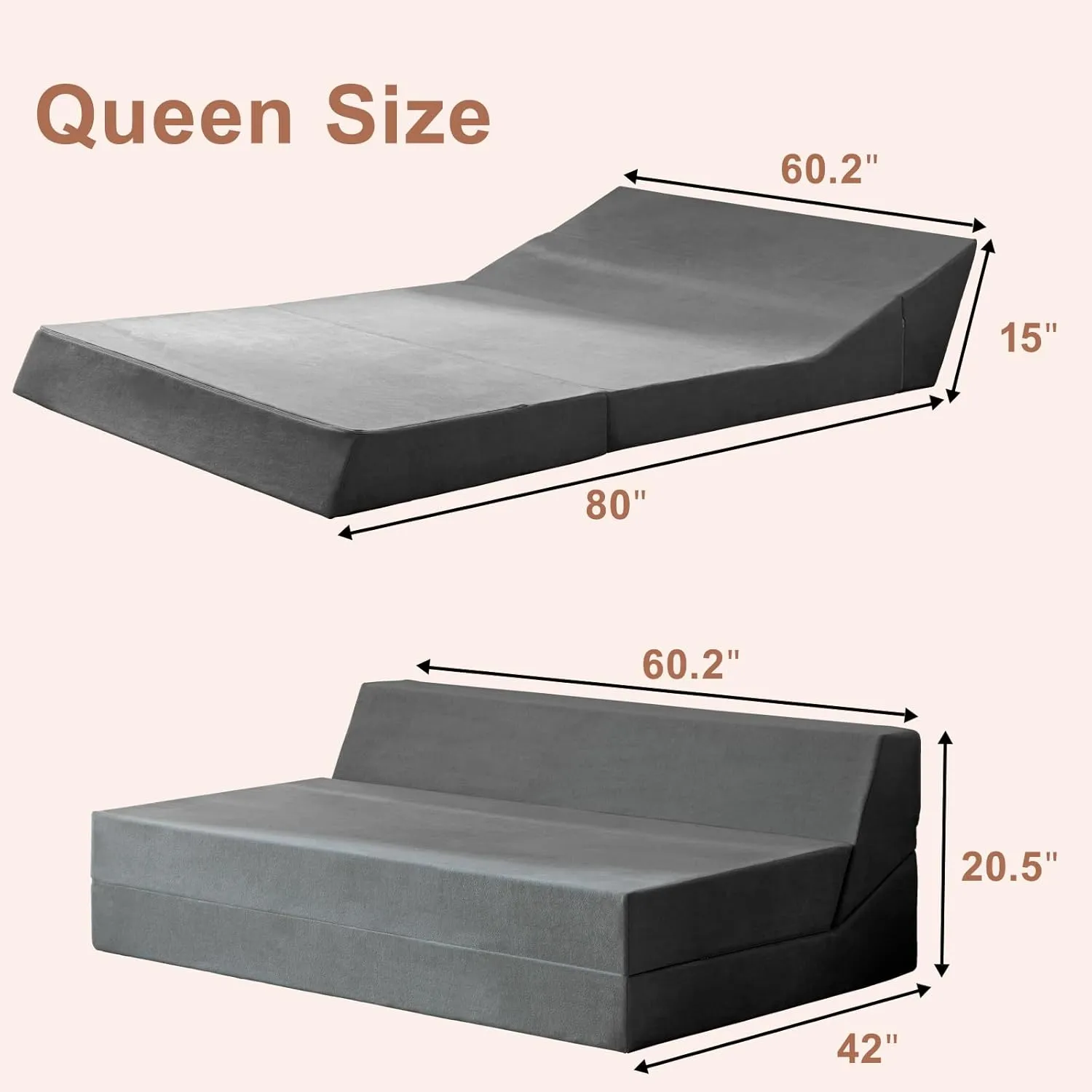 Folding Sofa Bed, Sleeper Chair and Futon Couch, Convertible Bed, Floor Sofa for Living Room/Guest Room/Dorm/Home Office, Queen Size, Dark Gray