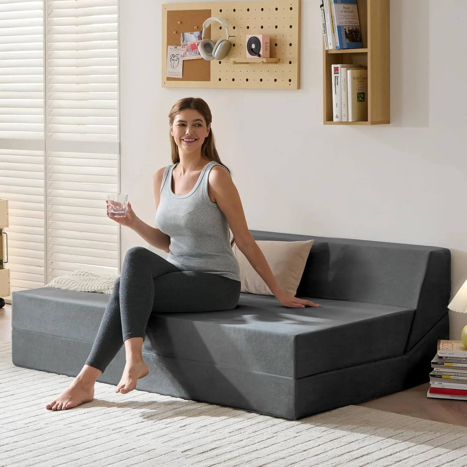 Folding Sofa Bed, Sleeper Chair and Futon Couch, Convertible Bed, Floor Sofa for Living Room/Guest Room/Dorm/Home Office, Queen Size, Dark Gray