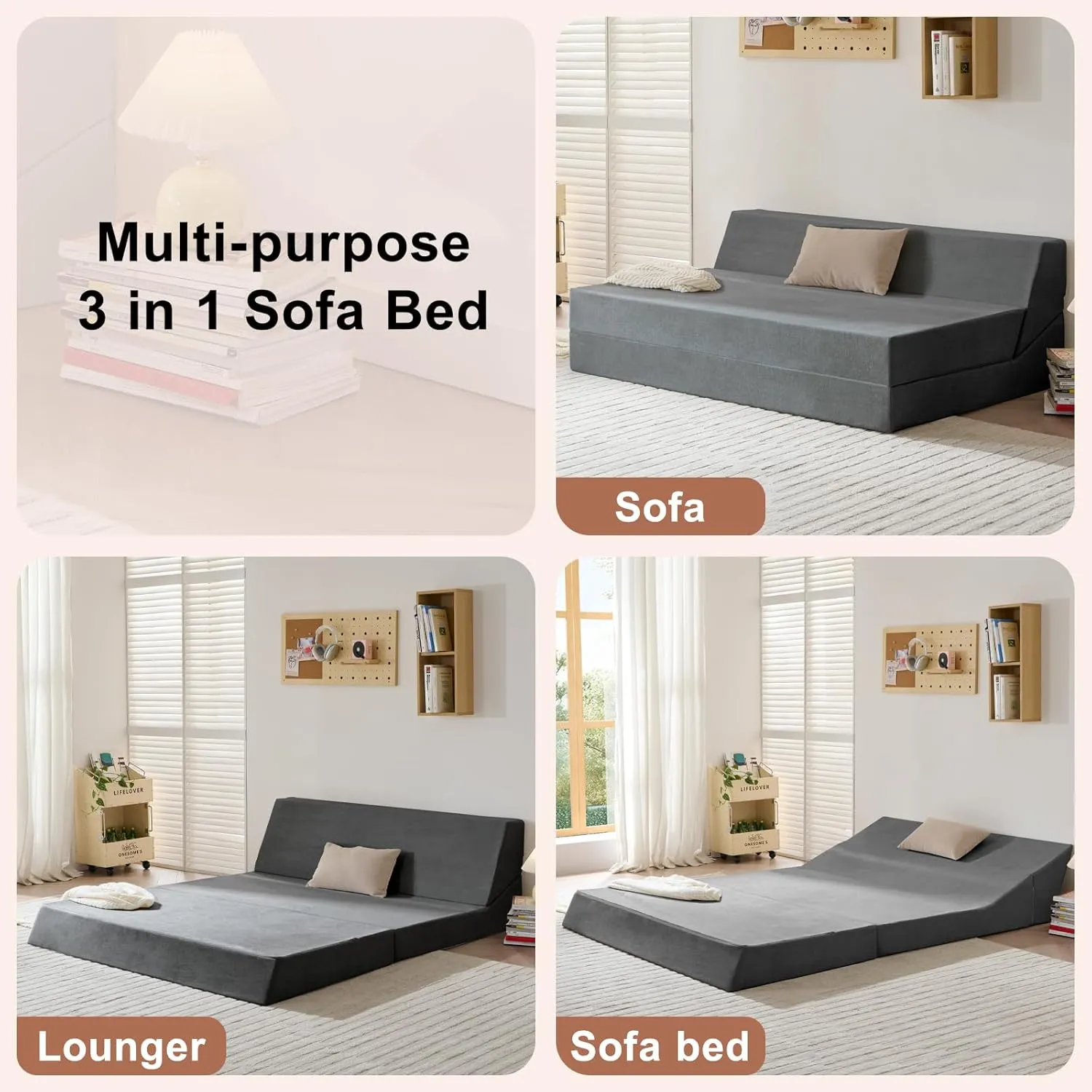 Folding Sofa Bed, Sleeper Chair and Futon Couch, Convertible Bed, Floor Sofa for Living Room/Guest Room/Dorm/Home Office, Queen Size, Dark Gray