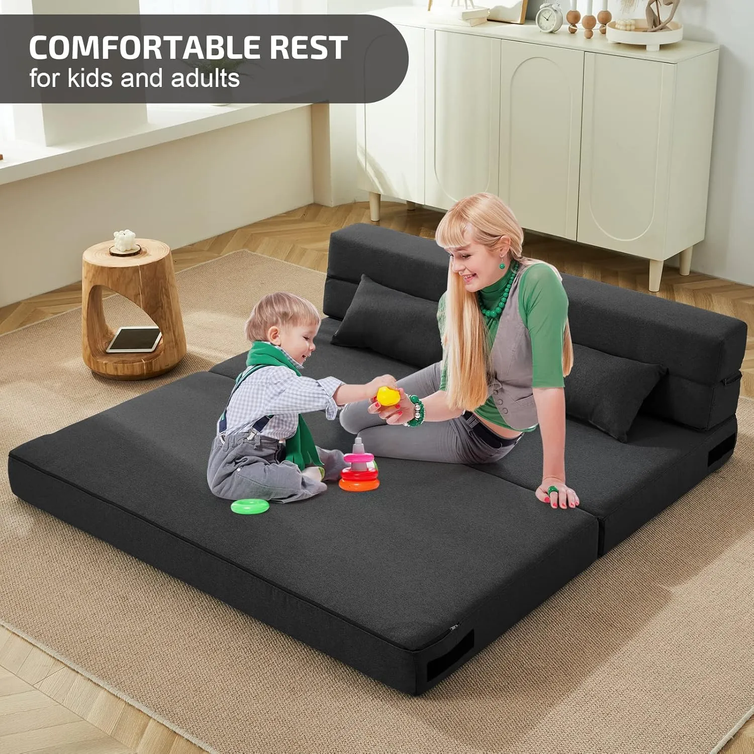 Folding Sofa Bed with Pillows - Convertible Chair Floor Couch & Sleeping Mattress - Foldable Memory Foam Sleeper for Living Room/Dorm/Guest Room/Home Office/Apartment/Upstairs Loft, Dark Gray