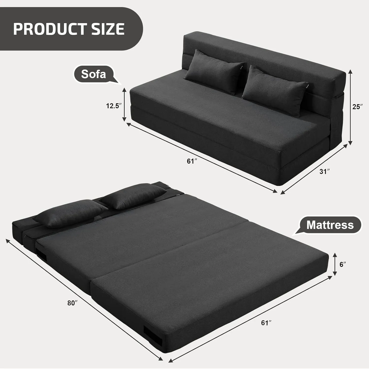 Folding Sofa Bed with Pillows - Convertible Chair Floor Couch & Sleeping Mattress - Foldable Memory Foam Sleeper for Living Room/Dorm/Guest Room/Home Office/Apartment/Upstairs Loft, Dark Gray