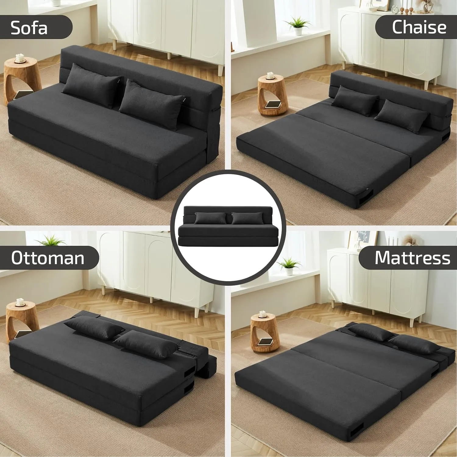 Folding Sofa Bed with Pillows - Convertible Chair Floor Couch & Sleeping Mattress - Foldable Memory Foam Sleeper for Living Room/Dorm/Guest Room/Home Office/Apartment/Upstairs Loft, Dark Gray