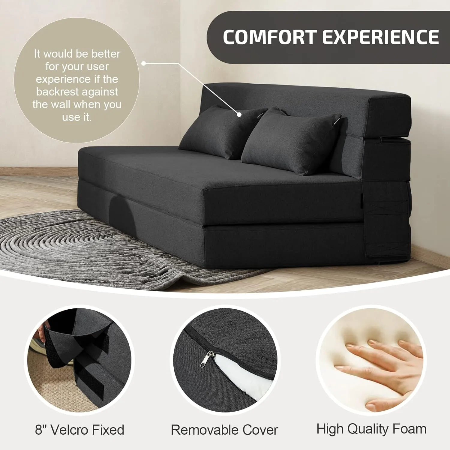 Folding Sofa Bed with Pillows - Convertible Chair Floor Couch & Sleeping Mattress - Foldable Memory Foam Sleeper for Living Room/Dorm/Guest Room/Home Office/Apartment/Upstairs Loft, Dark Gray