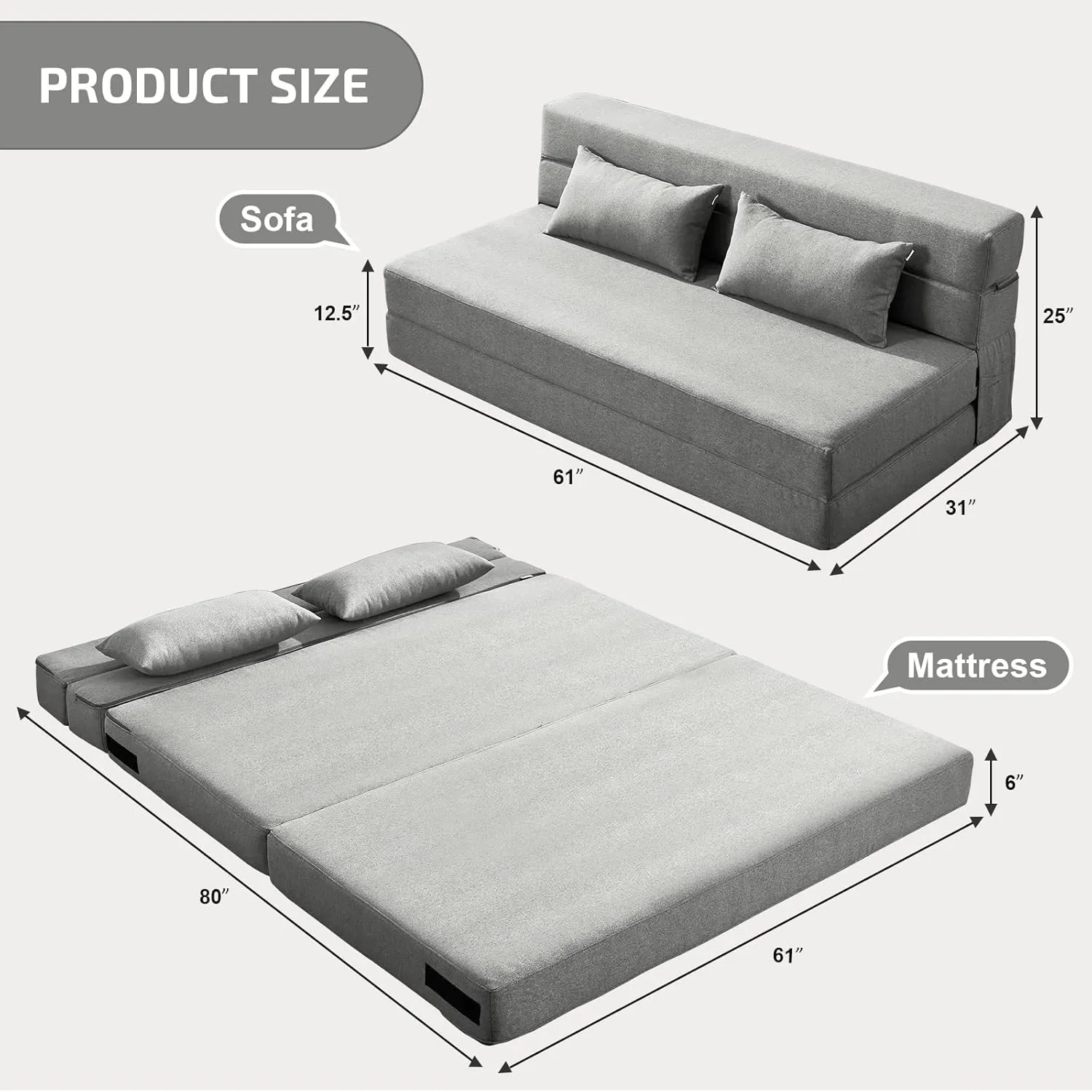 Folding Sofa Bed with Pillows - Convertible Chair Floor Couch & Sleeping Mattress - Foldable Memory Foam Sleeper for Living Room/Dorm/Guest Room/Home Office/Apartment/Upstairs Loft, Light Gray
