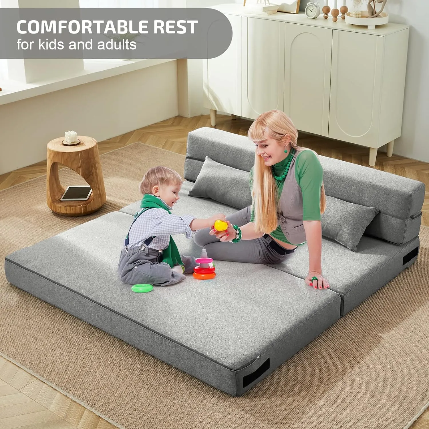 Folding Sofa Bed with Pillows - Convertible Chair Floor Couch & Sleeping Mattress - Foldable Memory Foam Sleeper for Living Room/Dorm/Guest Room/Home Office/Apartment/Upstairs Loft, Light Gray