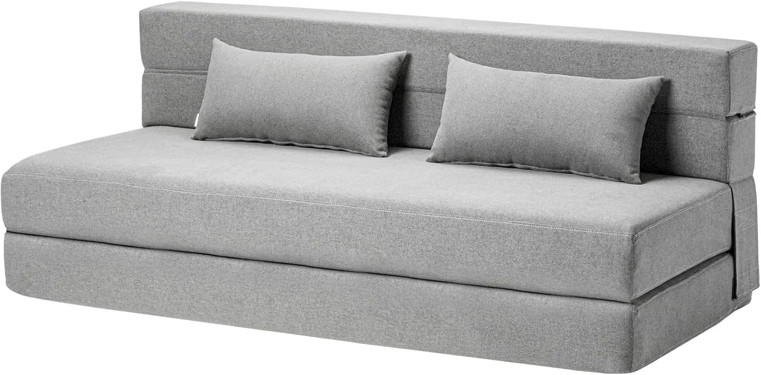 Folding Sofa Bed with Pillows - Convertible Chair Floor Couch & Sleeping Mattress - Foldable Memory Foam Sleeper for Living Room/Dorm/Guest Room/Home Office/Apartment/Upstairs Loft, Light Gray