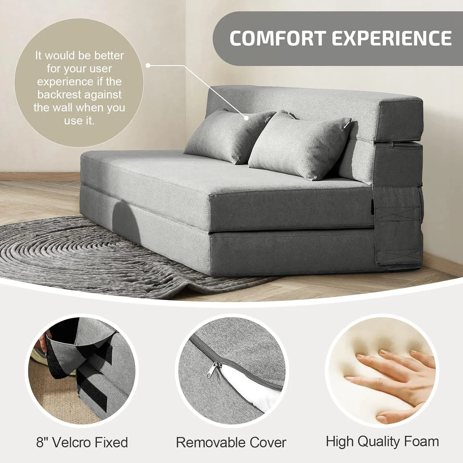 Folding Sofa Bed with Pillows - Convertible Chair Floor Couch & Sleeping Mattress - Foldable Memory Foam Sleeper for Living Room/Dorm/Guest Room/Home Office/Apartment/Upstairs Loft, Light Gray