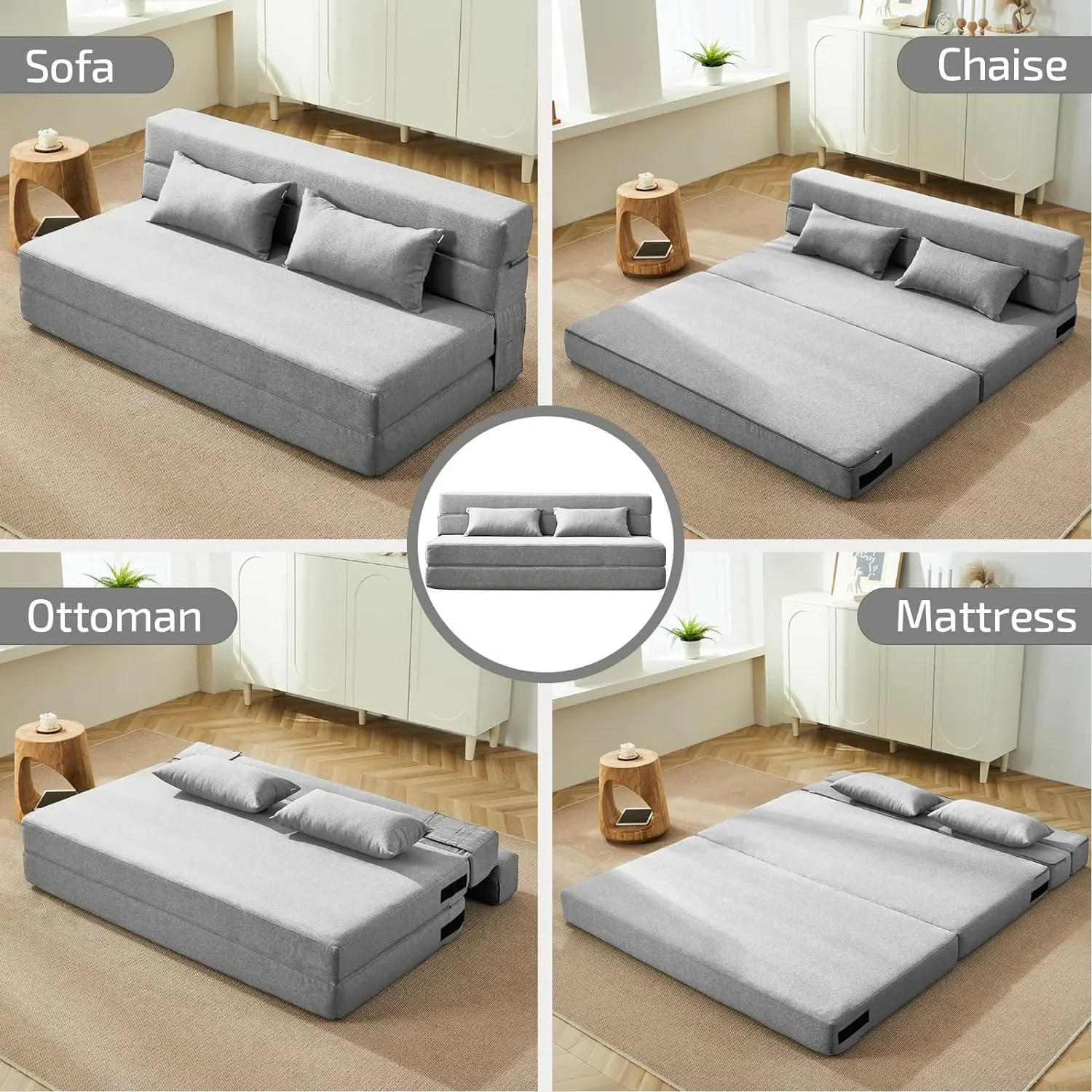 Folding Sofa Bed with Pillows - Convertible Chair Floor Couch & Sleeping Mattress - Foldable Memory Foam Sleeper for Living Room/Dorm/Guest Room/Home Office/Apartment/Upstairs Loft, Light Gray