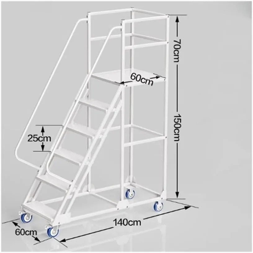 Folding Step Stool Mobile Climbing Ladder1.5 M, Warehouse Supermarket Platform Ladder, with Wheels, High Altitude Climbing Vehicle Foldable Step Ladder(Gris)