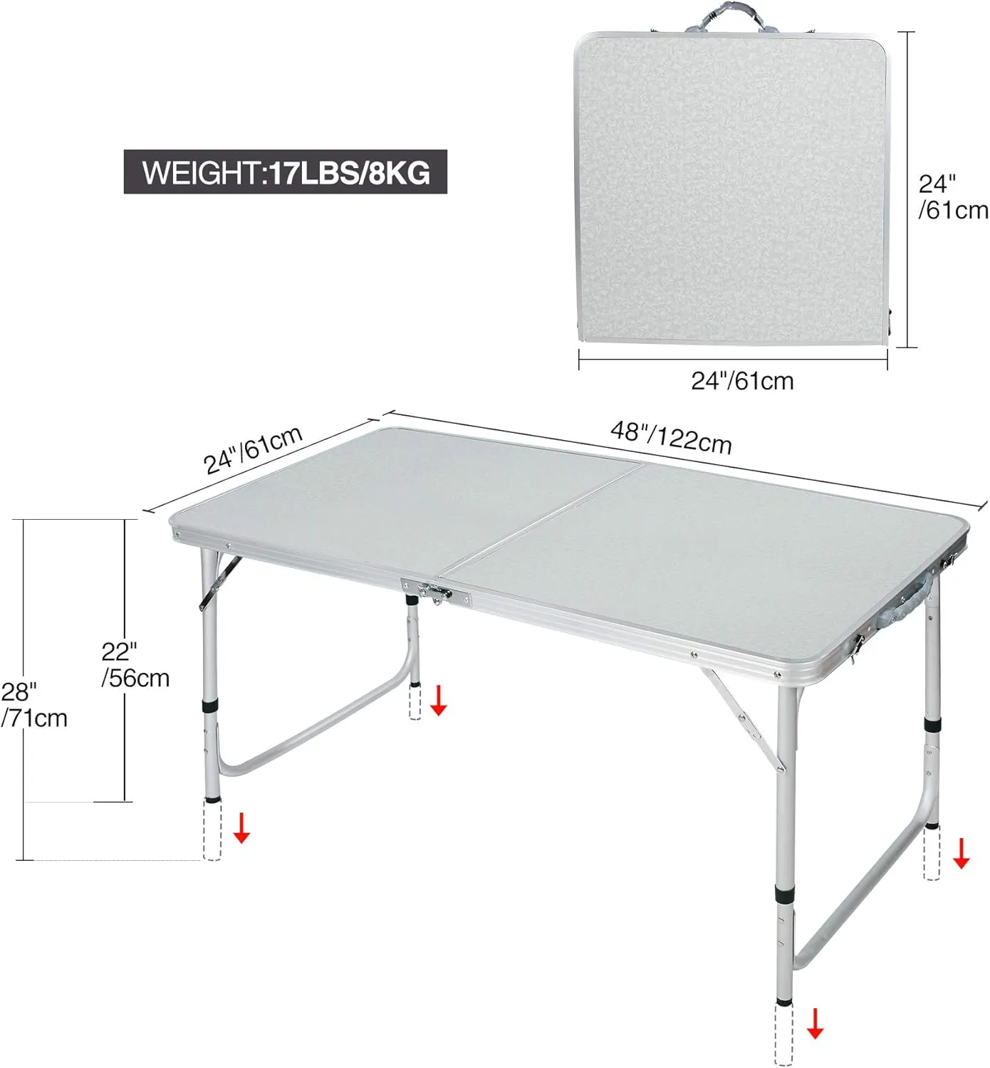 Folding Table 4 Feet, Adjustable Height Lightweight Portable Aluminum Frame Camping Table for Picnic Outdoor Indoor, White, 48in×24inch