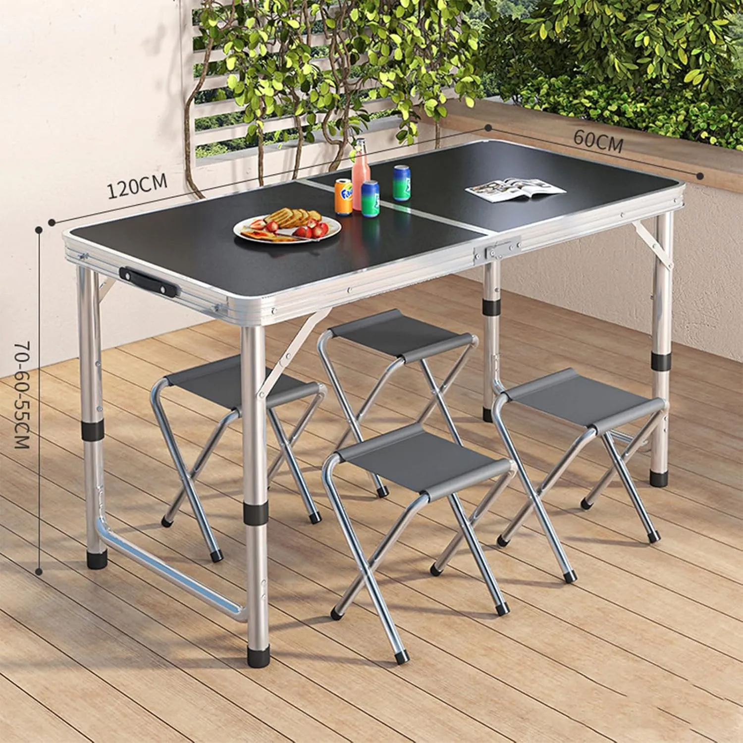Folding Table and Chairs Set, Height Adjustable 4 FT Portable Picnic Table Outdoor Plastic Camping Desk W/Handle (Table 4 Chairs)