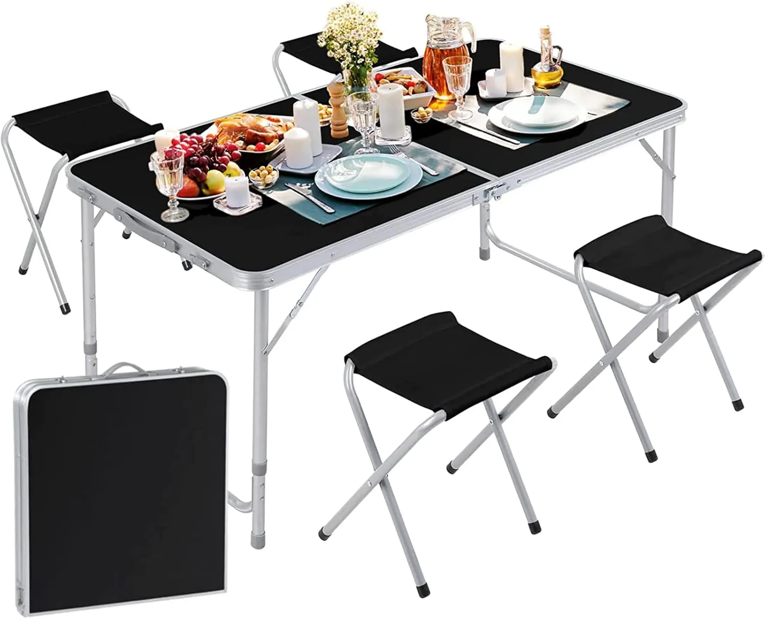 Folding Table and Chairs Set, Height Adjustable 4 FT Portable Picnic Table Outdoor Plastic Camping Desk W/Handle (Table 4 Chairs)