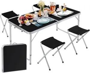 Folding Table and Chairs Set, Height Adjustable 4 FT Portable Picnic Table Outdoor Plastic Camping Desk W/Handle (Table 4 Chairs)