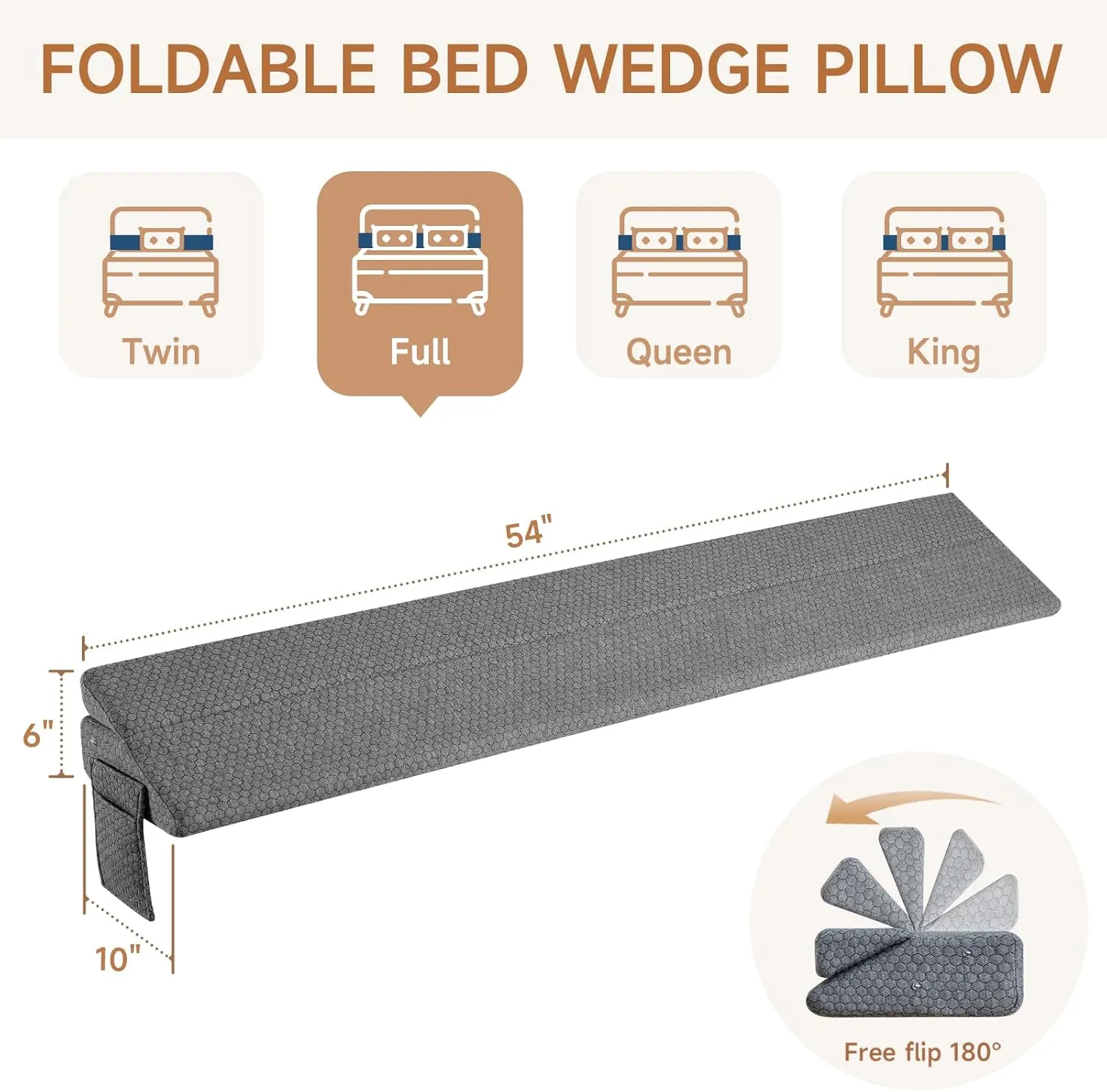 Full Size Bed Wedge Pillow for Headboard – Foldable Mattress Gap Filler (0–8") with Reversible Dual-Side Detachable Pockets, Converts to Backrest, Washable Cover, Gray (54"x10"x6")