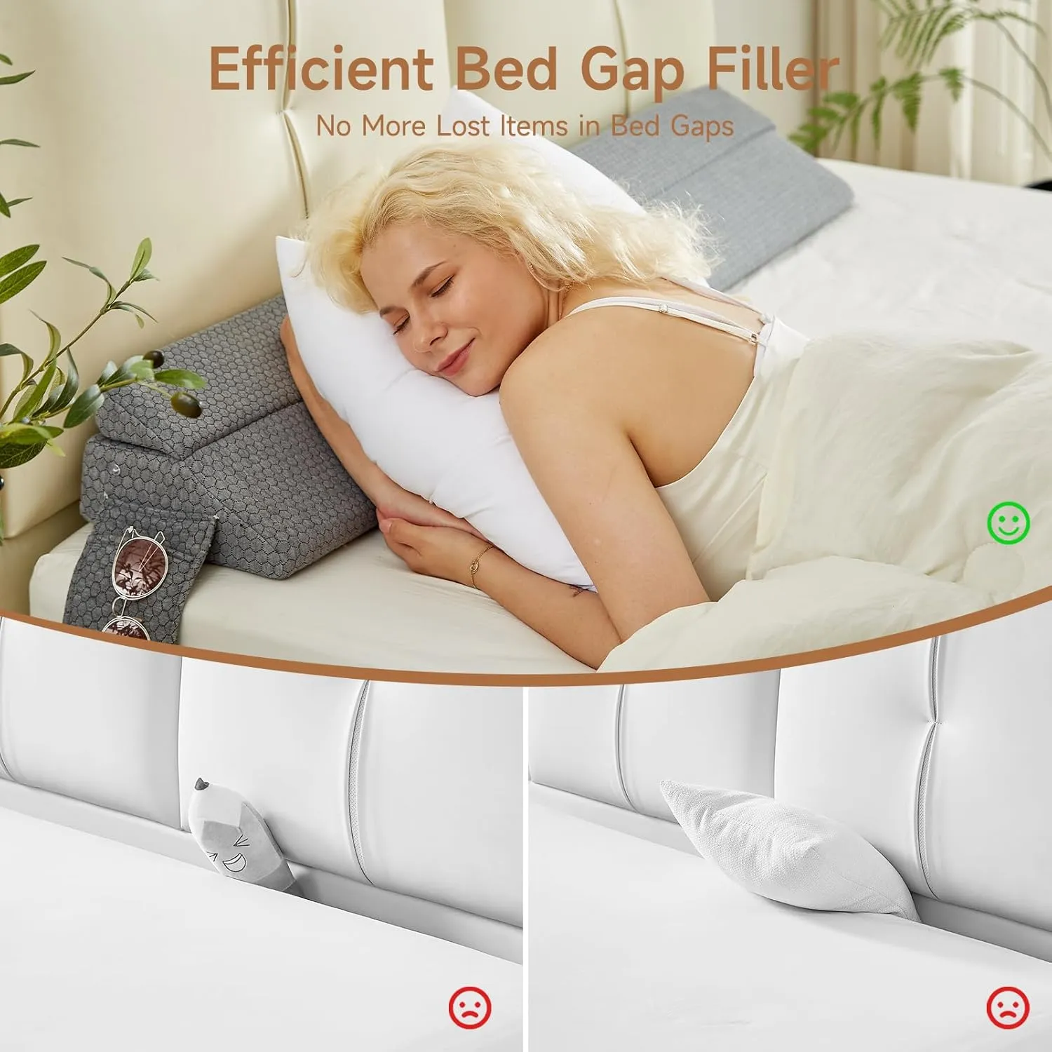 Full Size Bed Wedge Pillow for Headboard – Foldable Mattress Gap Filler (0–8") with Reversible Dual-Side Detachable Pockets, Converts to Backrest, Washable Cover, Gray (54"x10"x6")
