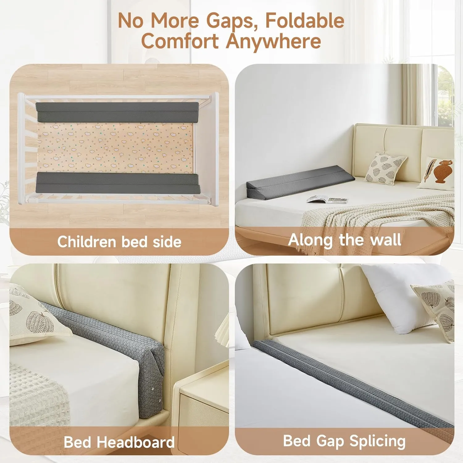 Full Size Bed Wedge Pillow for Headboard – Foldable Mattress Gap Filler (0–8") with Reversible Dual-Side Detachable Pockets, Converts to Backrest, Washable Cover, Gray (54"x10"x6")