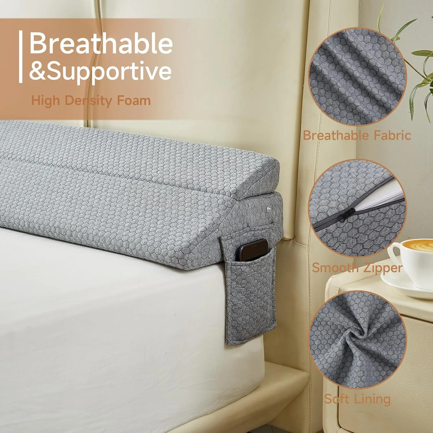Full Size Bed Wedge Pillow for Headboard – Foldable Mattress Gap Filler (0–8") with Reversible Dual-Side Detachable Pockets, Converts to Backrest, Washable Cover, Gray (54"x10"x6")