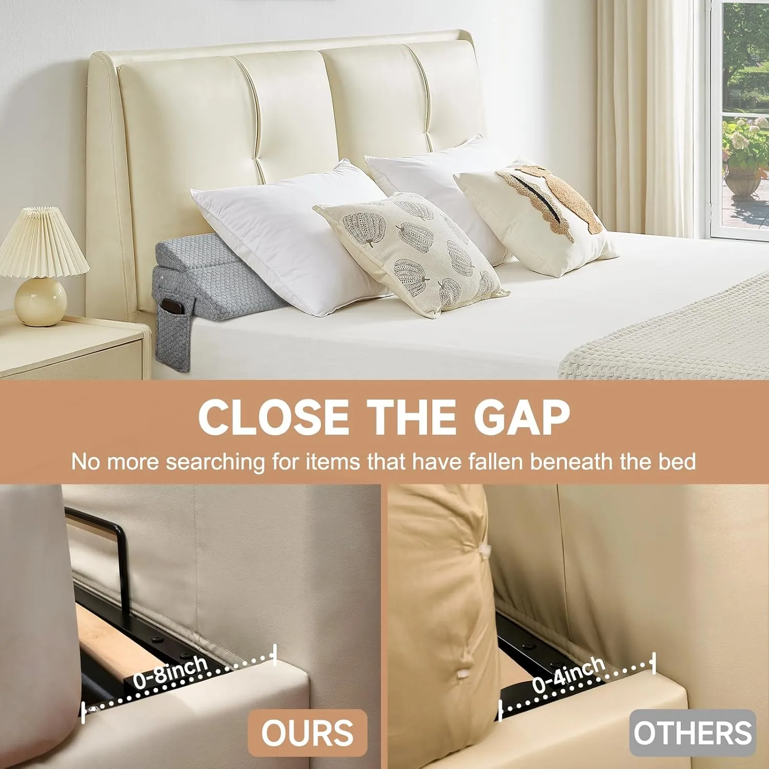 Full Size Bed Wedge Pillow for Headboard – Foldable Mattress Gap Filler (0–8") with Reversible Dual-Side Detachable Pockets, Converts to Backrest, Washable Cover, Gray (54"x10"x6")