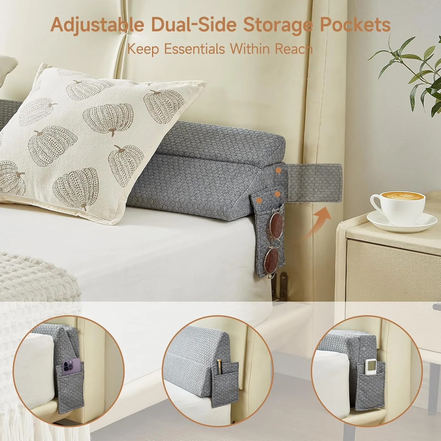Full Size Bed Wedge Pillow for Headboard – Foldable Mattress Gap Filler (0–8") with Reversible Dual-Side Detachable Pockets, Converts to Backrest, Washable Cover, Gray (54"x10"x6")