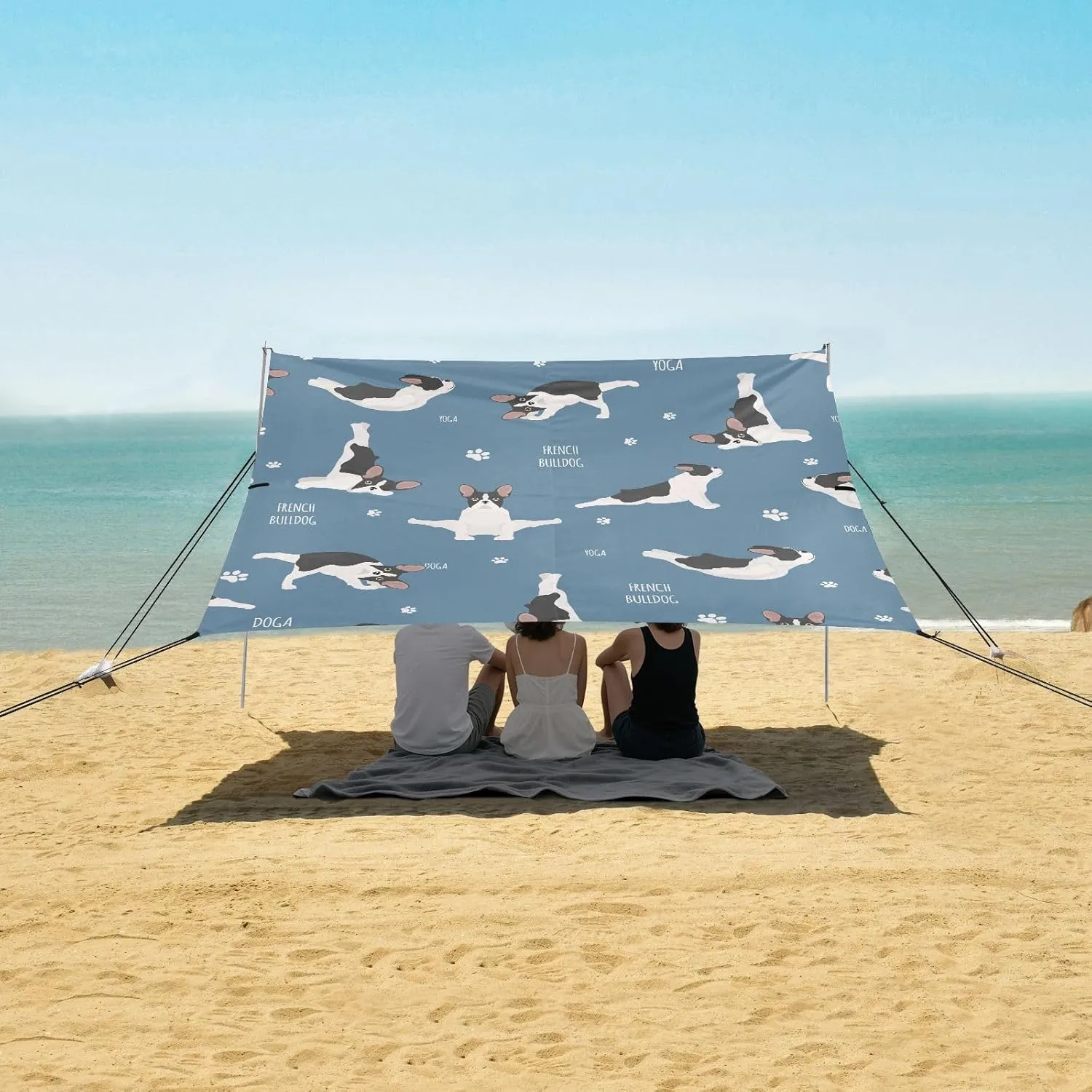 Funny Bulldog Doga Exercises Beach Canopy Tent Anti-UV & Wind Resistant, Camping Sun Shelter Easy Setup Portable,Outdoor Shade Tents with Sandbags,Sand Shovels,Ground Pegs & Stability Poles